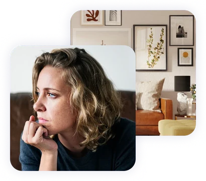 Woman thinking about her late US tax filing, with a framed gallery wall in the background.