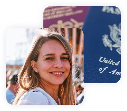 Smiling dual citizen beside a US passport and a second passport