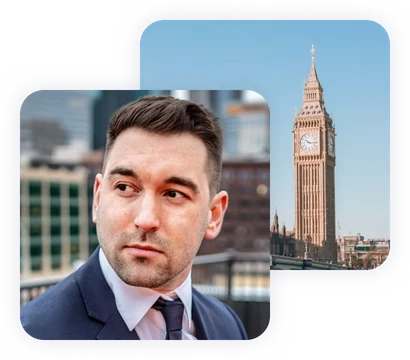 American professional abroad with a London skyline behind him
