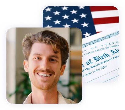 Smiling man beside a US Certification of Birth Abroad and American flag