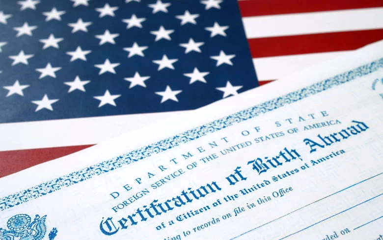 US birth certificate abroad and American flag