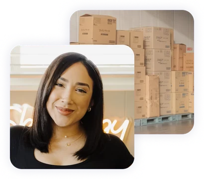 Self-employed business owner abroad beside stacked shipping boxes